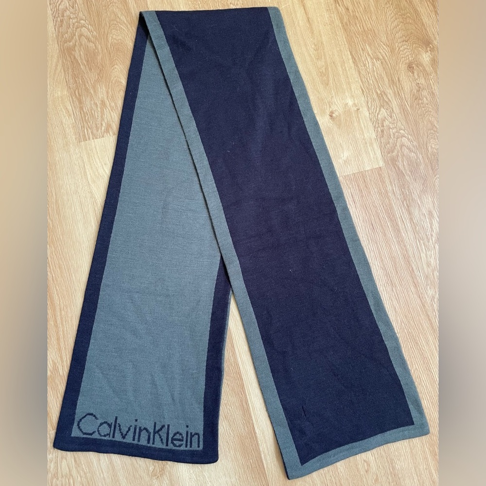 Calvin Klein navy blue gray reversible knit scarf logo unisex